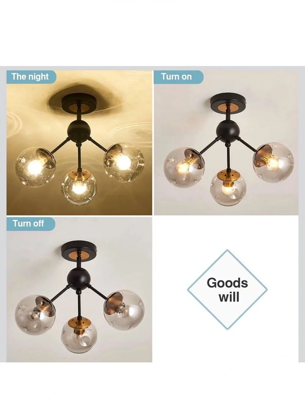 Vintage 3-Light Chandelier - Semi Flush Mount Ceiling Fixture - New in Box